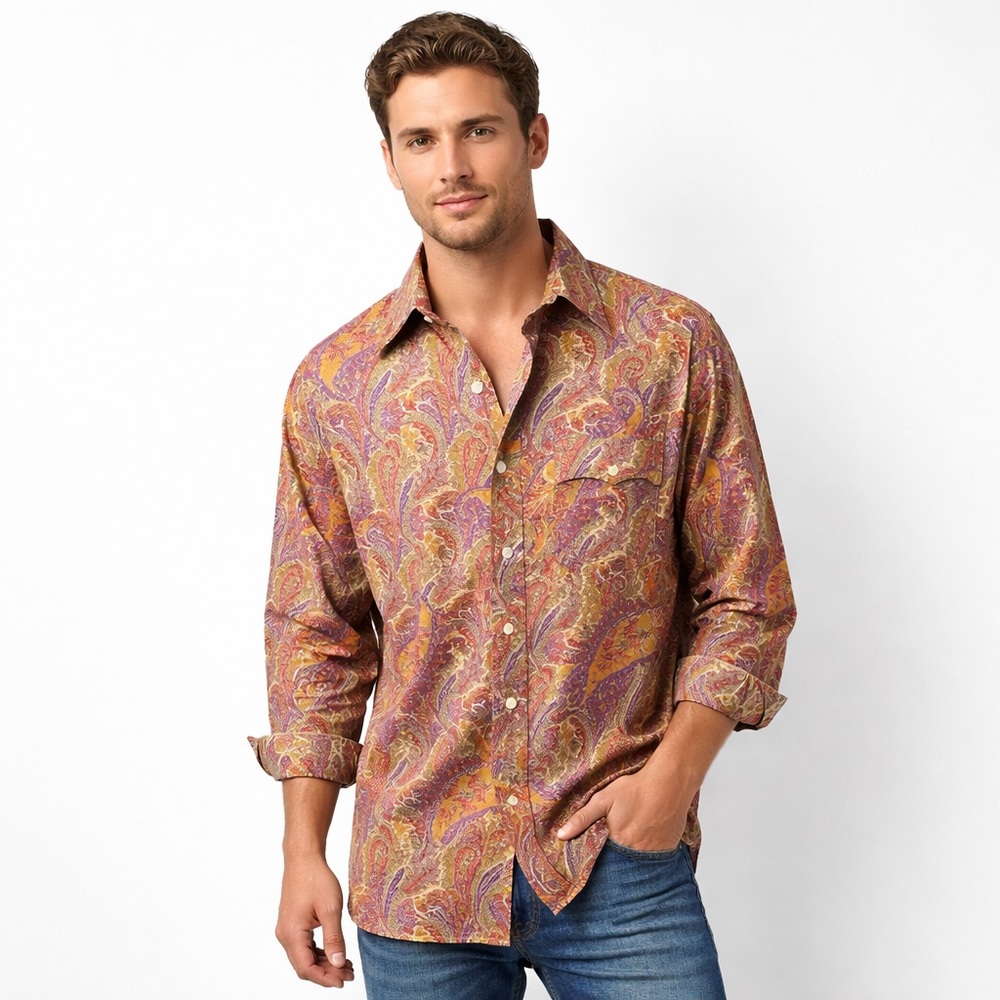 Paisley Cotton Shirt Jewel Tone Long Sleeve Button Down Men’s L Multicolor EUC